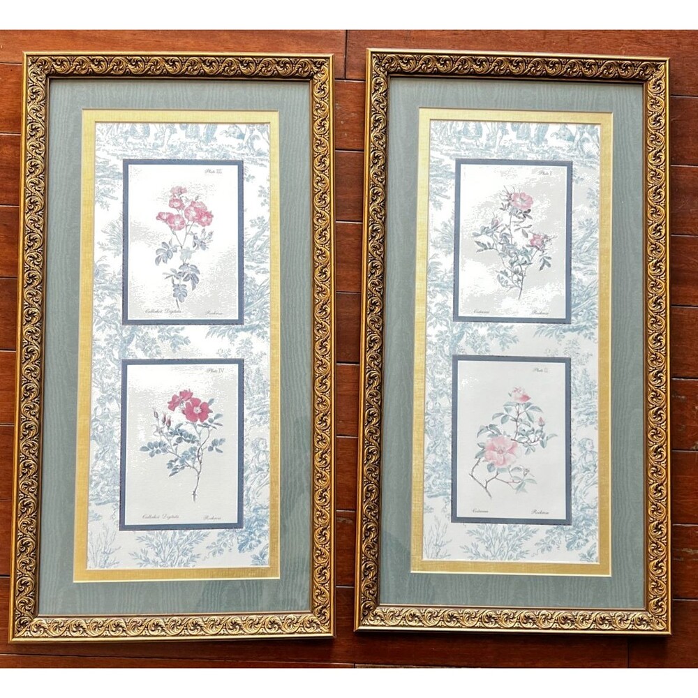 Vtg 2pc Floral Wall Art Prints Ornate Gold Frames French Toile Matted Rockrose